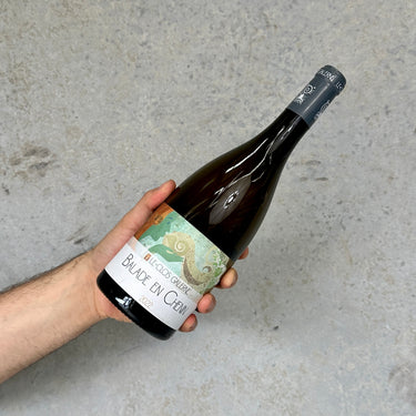 Hand holding a bottle of Balade En Chenin against a gray background
