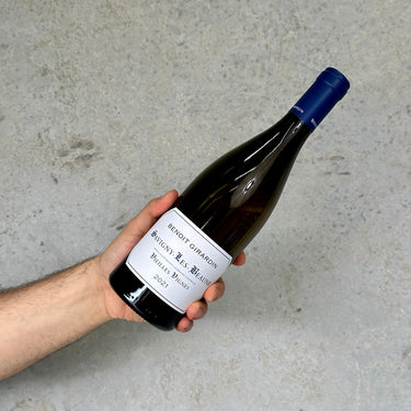 Hand holding a bottle of Benoit Girardin wine against a gray concrete background