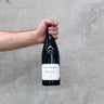 A hand holding a bottle of Benoit Girardin 2021 Pommard wine against a grey concrete background.