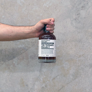 A hand holding a bottle of Bruichladdich The Ternary Project single malt whisky against a grey concrete background.