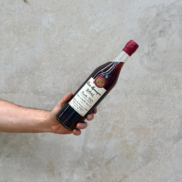 Hand holding a bottle of Delord 1969 Bas Armagnac against a gray concrete background