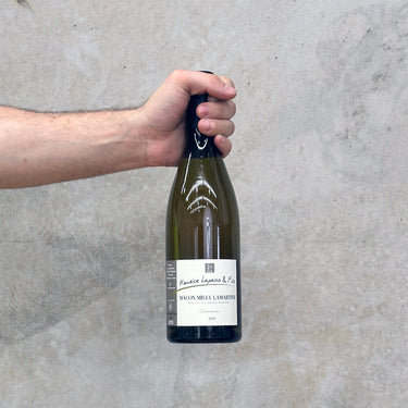 A hand holding a bottle of Maurice Lapalus & Fils 2021 Mâcon Milly Lamartine Chardonnay against a grey background.
