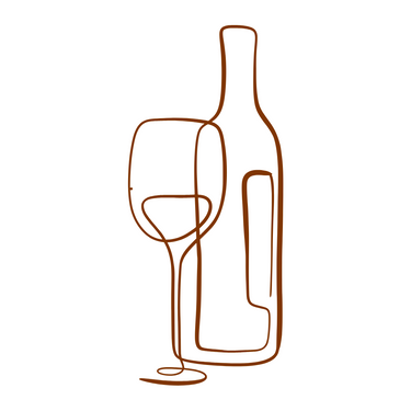 A stylized illustration of a wine glass next to a bottle, both depicted in outline style with brown lines on a white background.