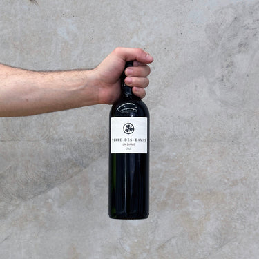 A hand holding a bottle of Terre Des Dame 2021 La Dame wine against a grey textured background.